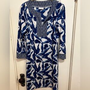 CABANA LIFE Shift Dress Blue and White Tropical Palm Leaf Print 50 SPF